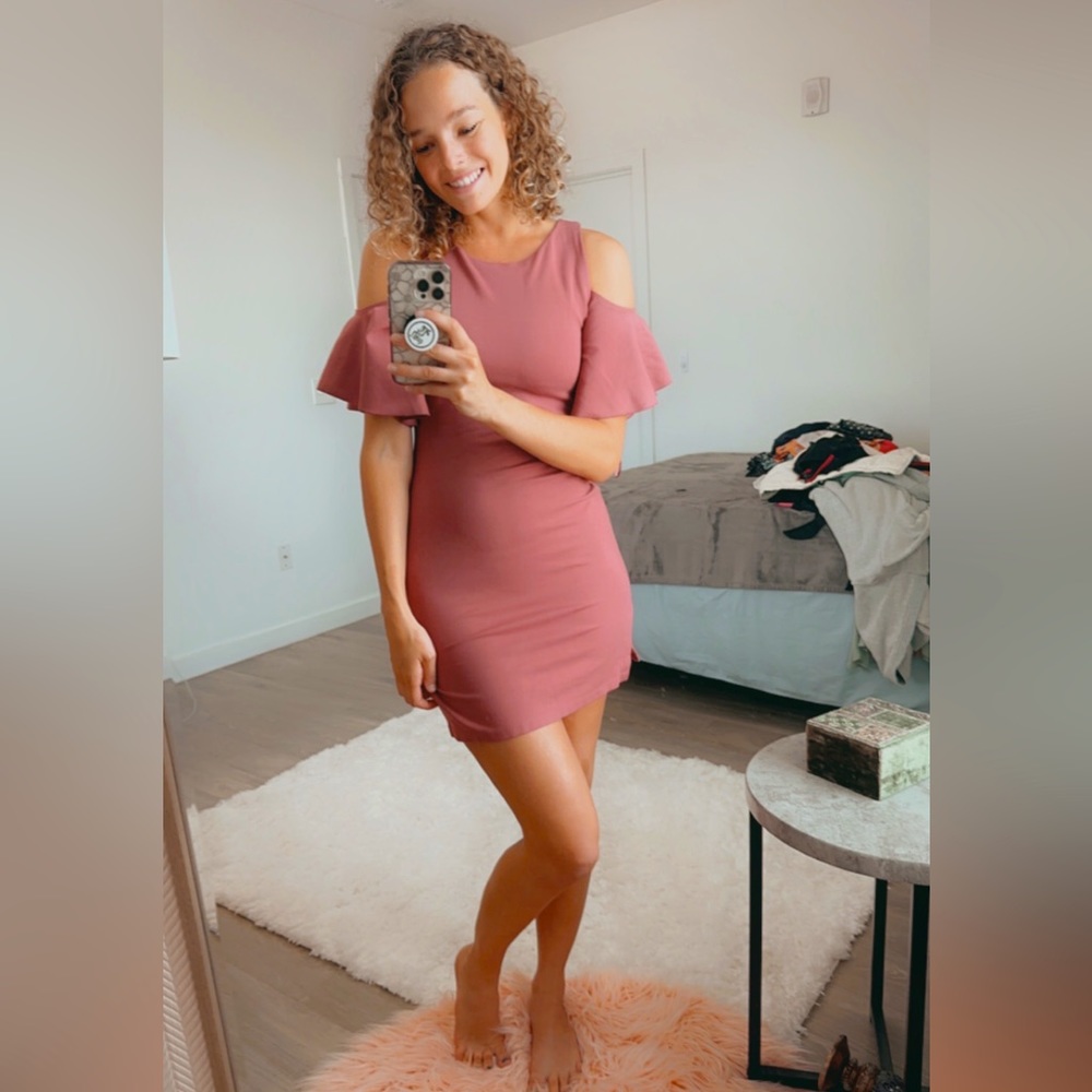 Size small, blush pink, open shoulder dress